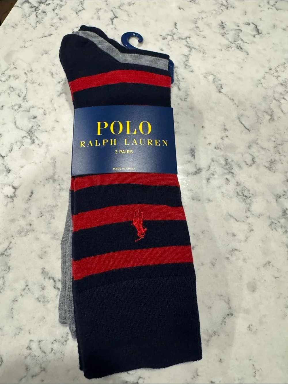 Polo by Ralph Lauren Men's Navy & Red Striped, Gray and Navy Crew Socks 3pack
